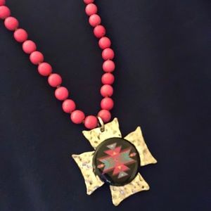 Tribal style pink beads necklace cross